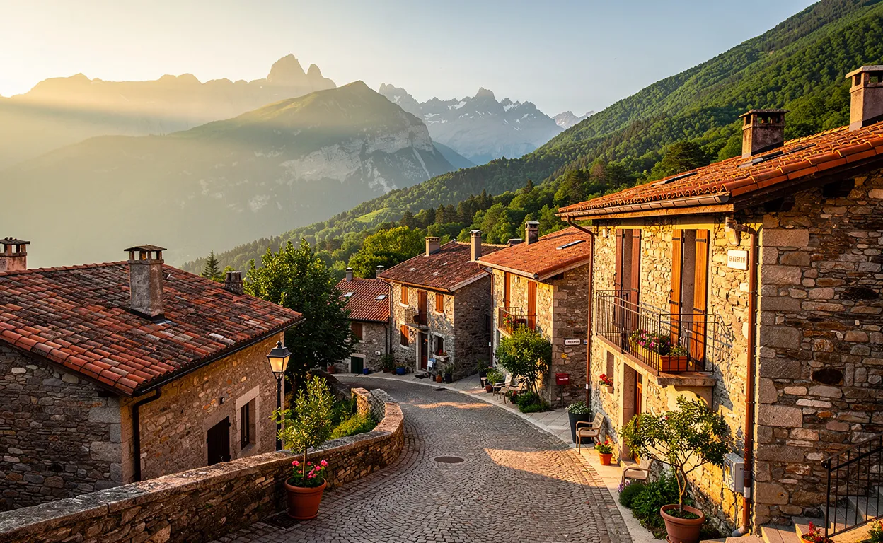 Un village en pierre aux toits en tuiles rouges s’étend dans les collines verdoyantes près de Grenoble, avec des rues pavées et des montagnes embrumées à l’arrière-plan lors d’une lumière dorée.