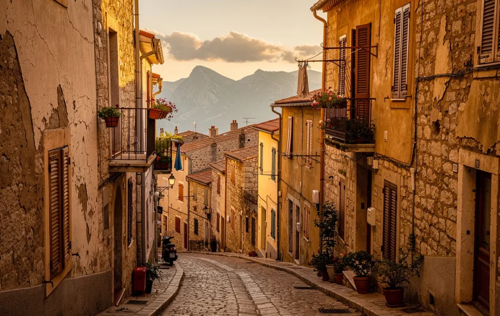 Vue d’un village corse perché avec ruelles pavées, maisons en pierre ancienne et montagnes lointaines sous la lumière dorée du soir.