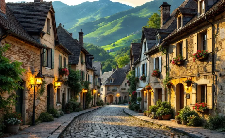 Un village de Lanarce avec des maisons en pierre, des chemins pavés et des collines verdoyantes sous la lumière du soir.