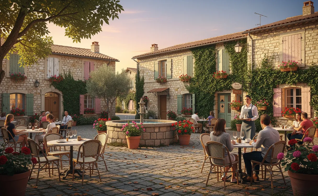 Place de village français avec maisons en pierre, terrasses de cafés animées et végétation sous une lumière dorée.