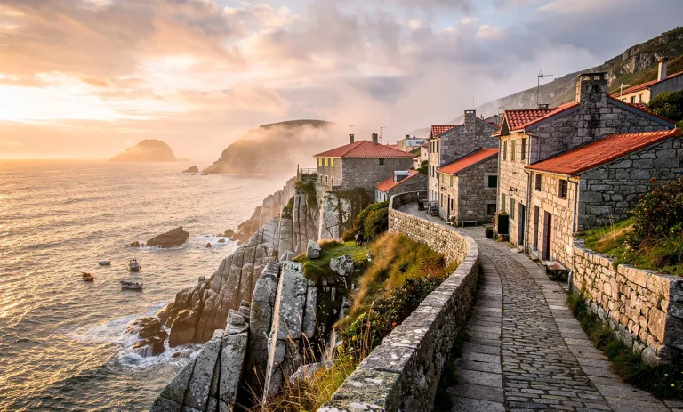 Un village galicien aux maisons de pierre anciennes se dresse sur des falaises de granit face à l’océan Atlantique sous une lumière dorée du soir, avec une brume douce venant de la mer.