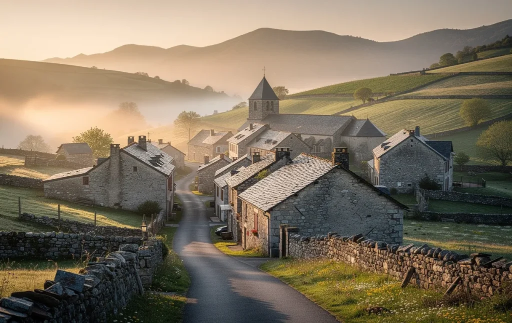 Un village de Lozère aux maisons en pierre et toits d’ardoise entouré de collines verdoyantes sous une brume matinale.