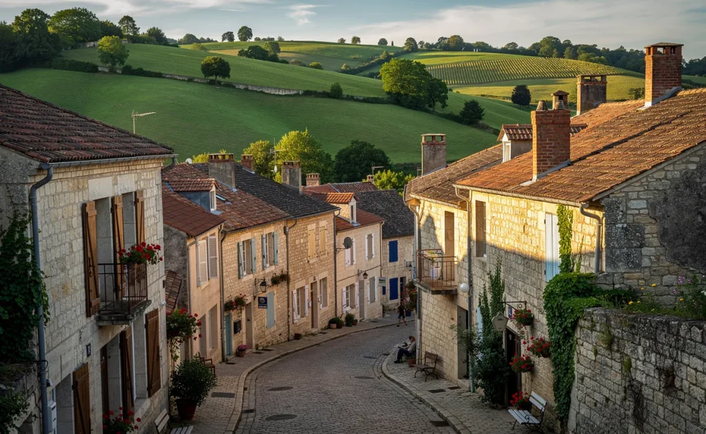 Un village de pierre aux toits rouges repose sur des collines verdoyantes de la Loire sous la lumière dorée de fin d’après-midi.