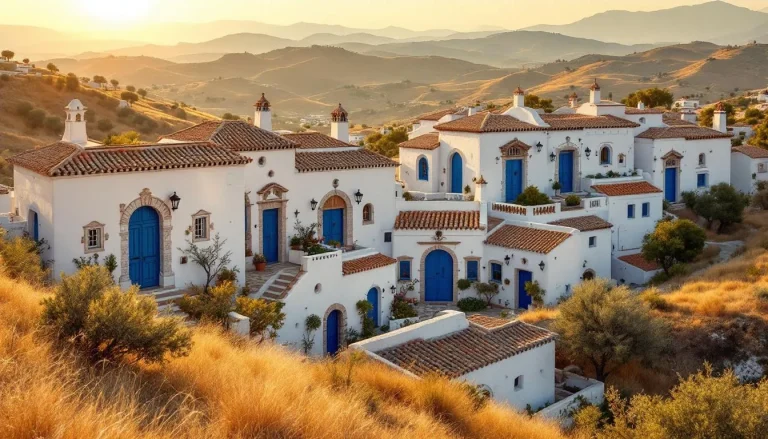Villages andalous baignés dans une lumière dorée au crépuscule.