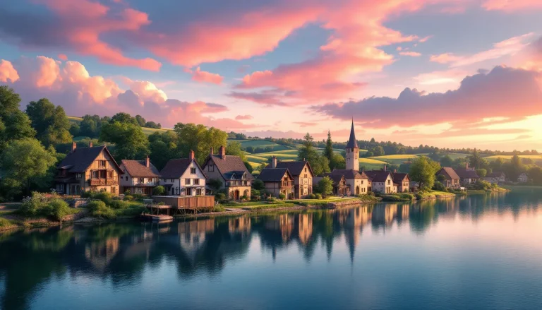Des villages paisibles se dessinent sous un crépuscule doré, enveloppés d'une lumière chaleureuse.
