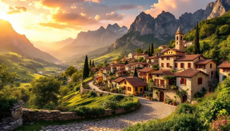Villages pittoresques baignés dans une douce lumière crépusculaire.
