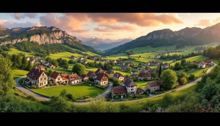 Un village pittoresque baigné dans la douce lumière du soir, avec des maisons aux façades colorées et des ruelles pavées.
