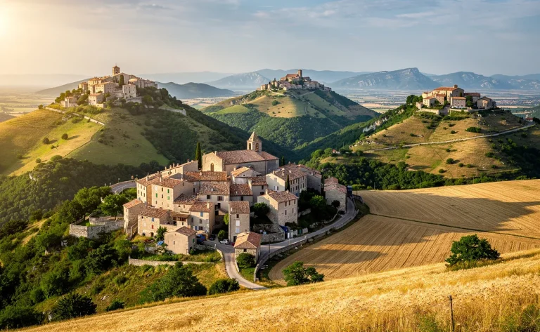 Sept villages perchés près de Sisteron aux toits en tuiles et maisons de pierre, entourés de vallées verdoyantes et de champs dorés sous une lumière d’après-midi.