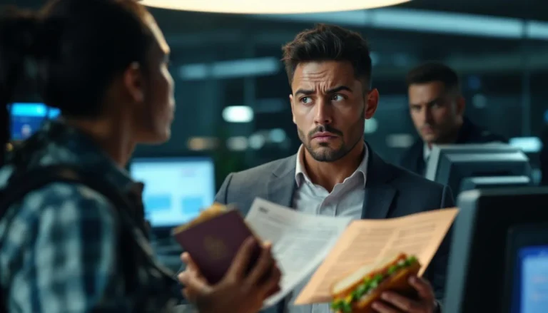 Un voyageur affiche un air perplexe devant le contrôle douanier.