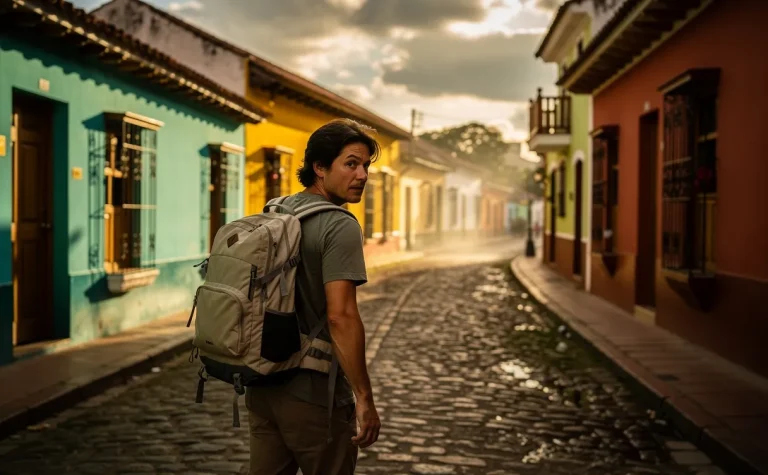 Un voyageur solitaire marche dans une rue calme et colorée d’une ville nicaraguayenne, jetant un regard prudent derrière lui devant des bâtiments coloniaux.