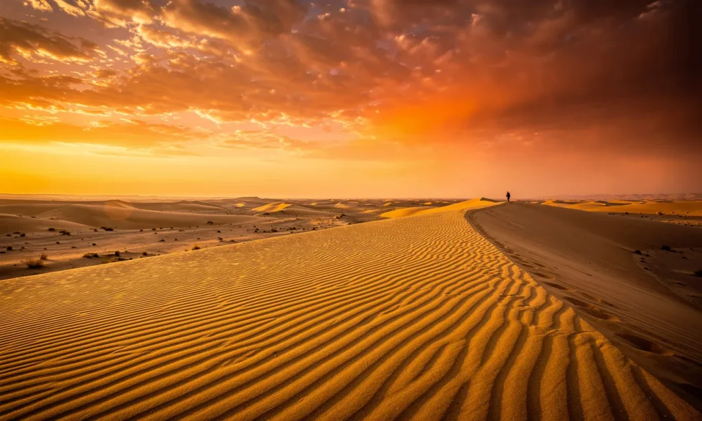Paysage du désert de Lout au coucher du soleil avec de grandes dunes dorées, un ciel orangé, une brume de chaleur et la silhouette lointaine d’un voyageur.