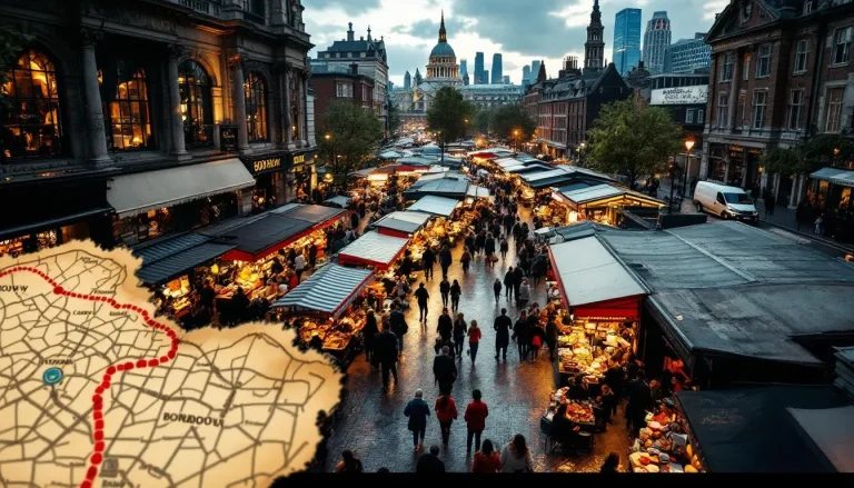 Vue aérienne du Borough Market, montrant les étals colorés et la foule de visiteurs.