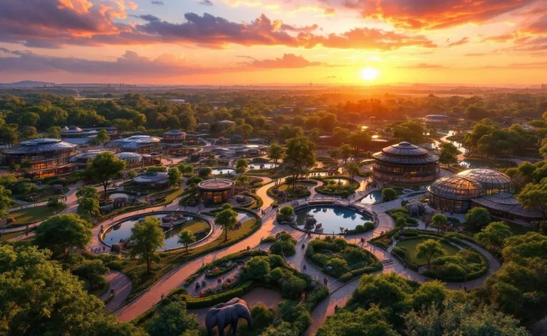 Le zoo de La Flèche se dévoile au crépuscule, entouré de silhouettes d'animaux et d'arbres.