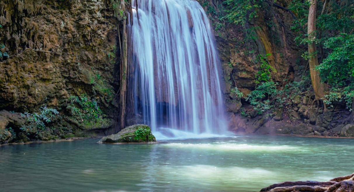 Cascade dans une forêt verdoyante se déversant dans un bassin turquoise